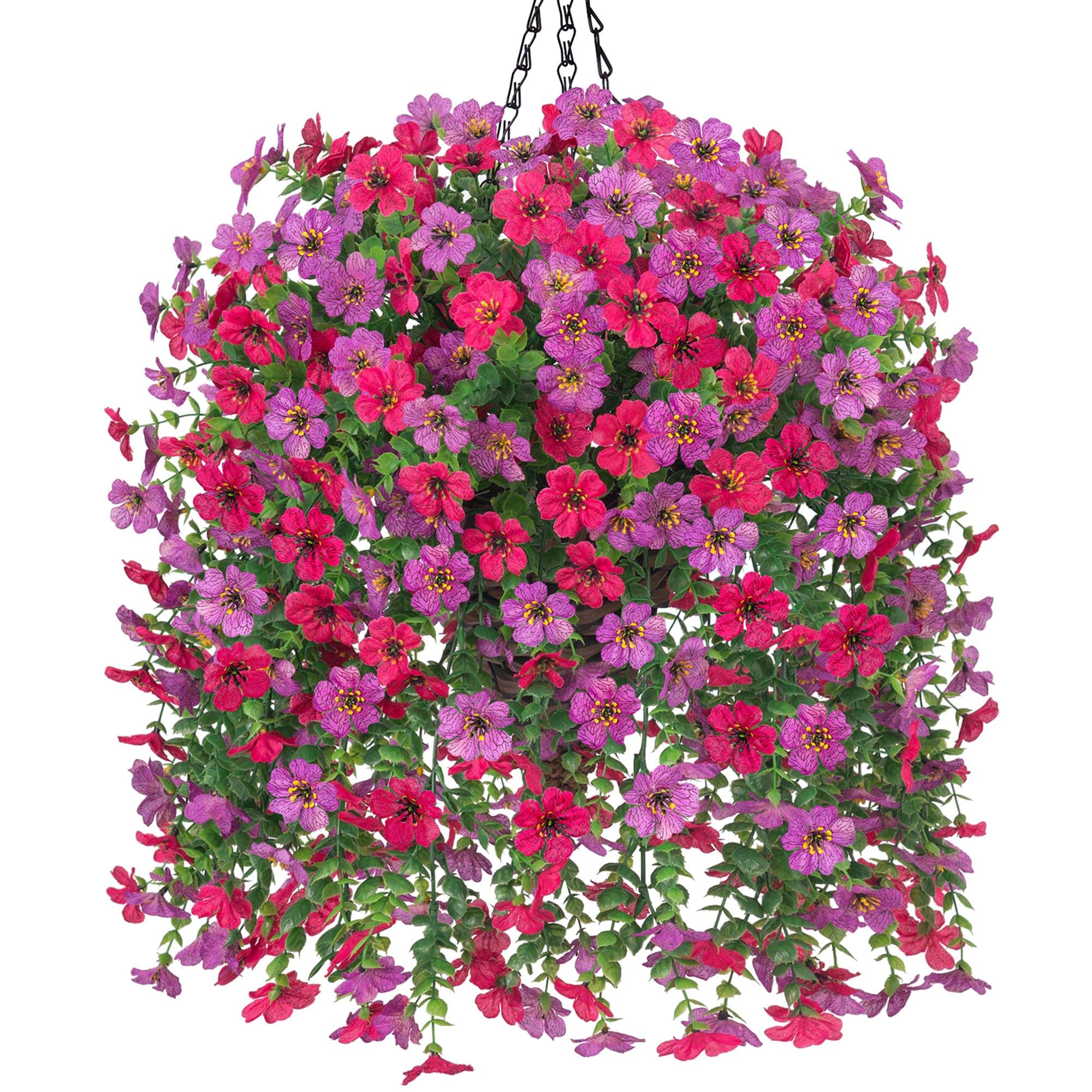 HyeFlora front view hanging basket showing bright purple and hot pink blooms and curb appeal