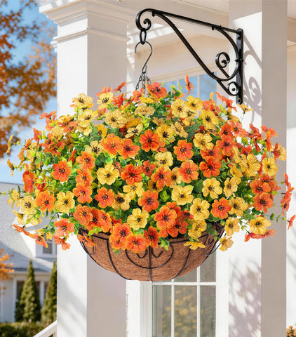 HyeFlora front view of hanging mums shows vibrant porch-ready color