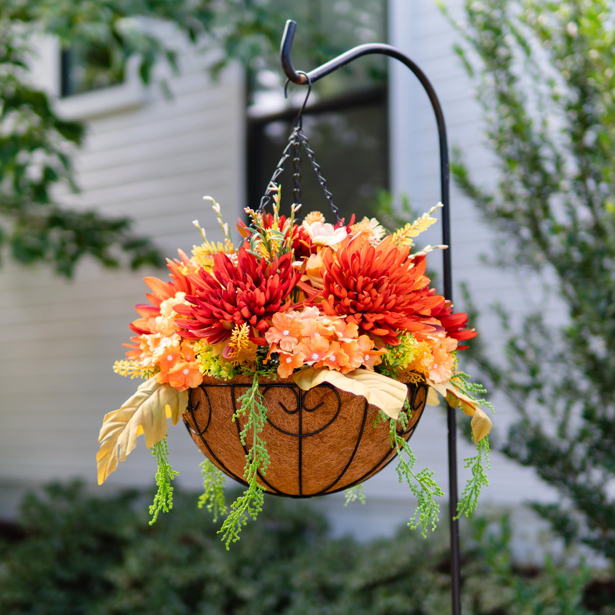 HyeFlora hanging mums in use on porch rail adding instant curb appeal benefit
