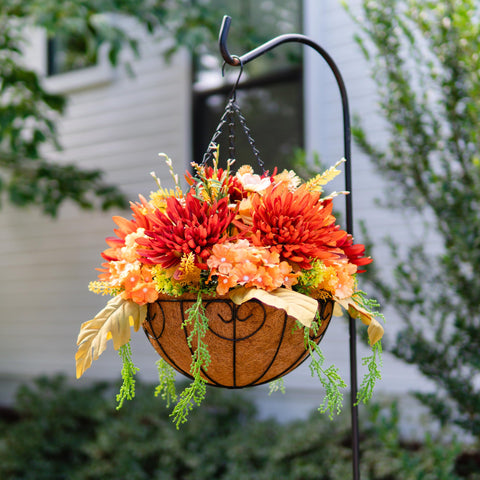 HyeFlora hanging mums in use on porch rail adding instant curb appeal benefit