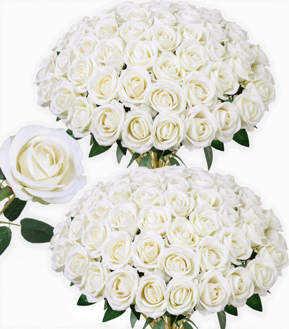 HyeFlora front view of 50 ivory roses showing full set and elegance