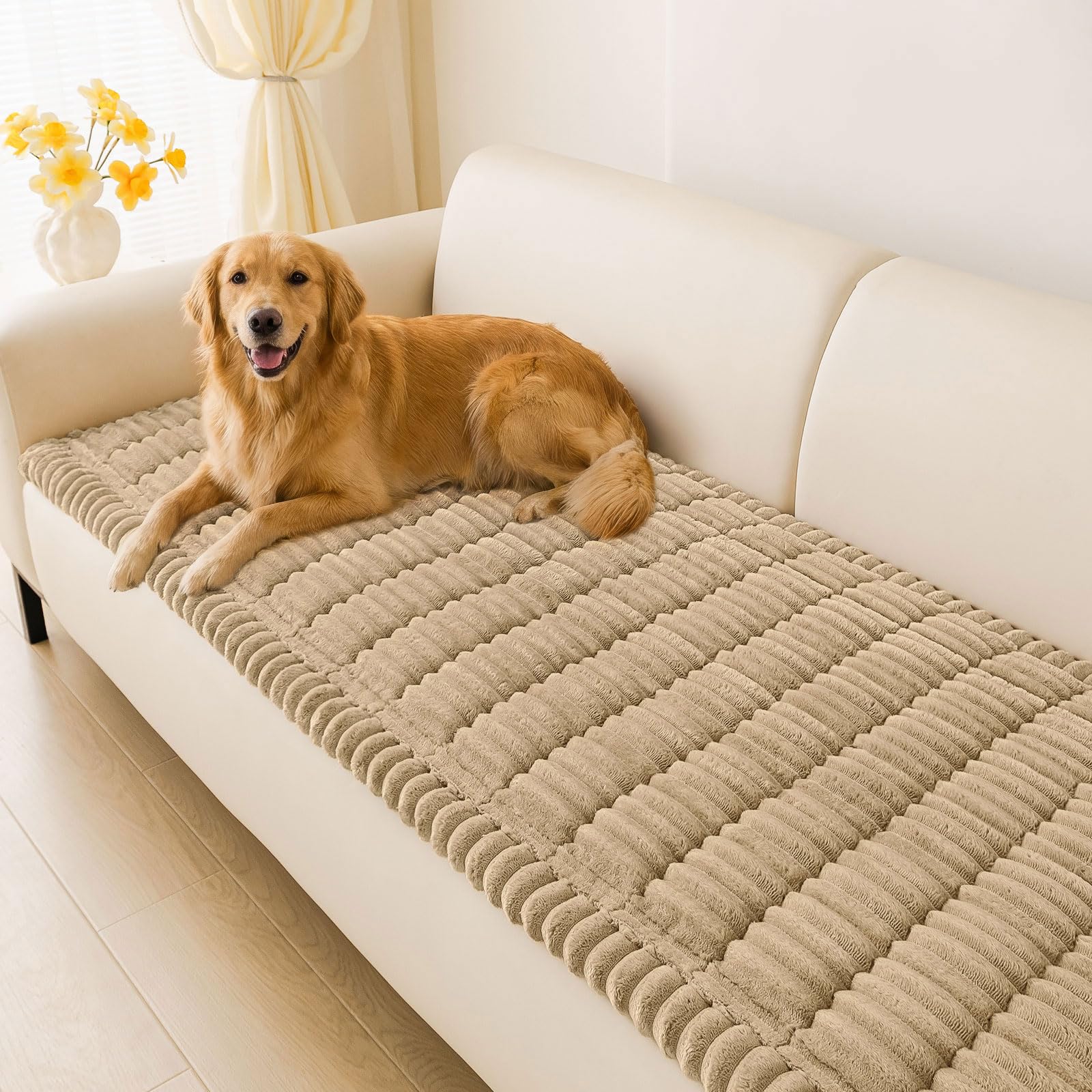 hyha front view of folded couch cover showing neat packaging and fabric benefit