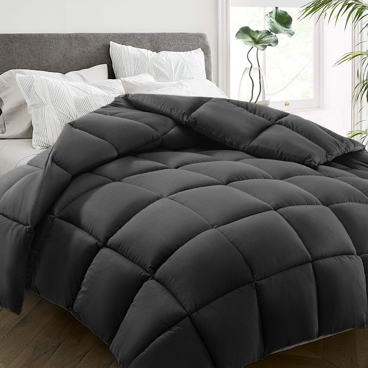 HYLEORY front view of king size comforter showing clean dark grey finish for elegant bedding
