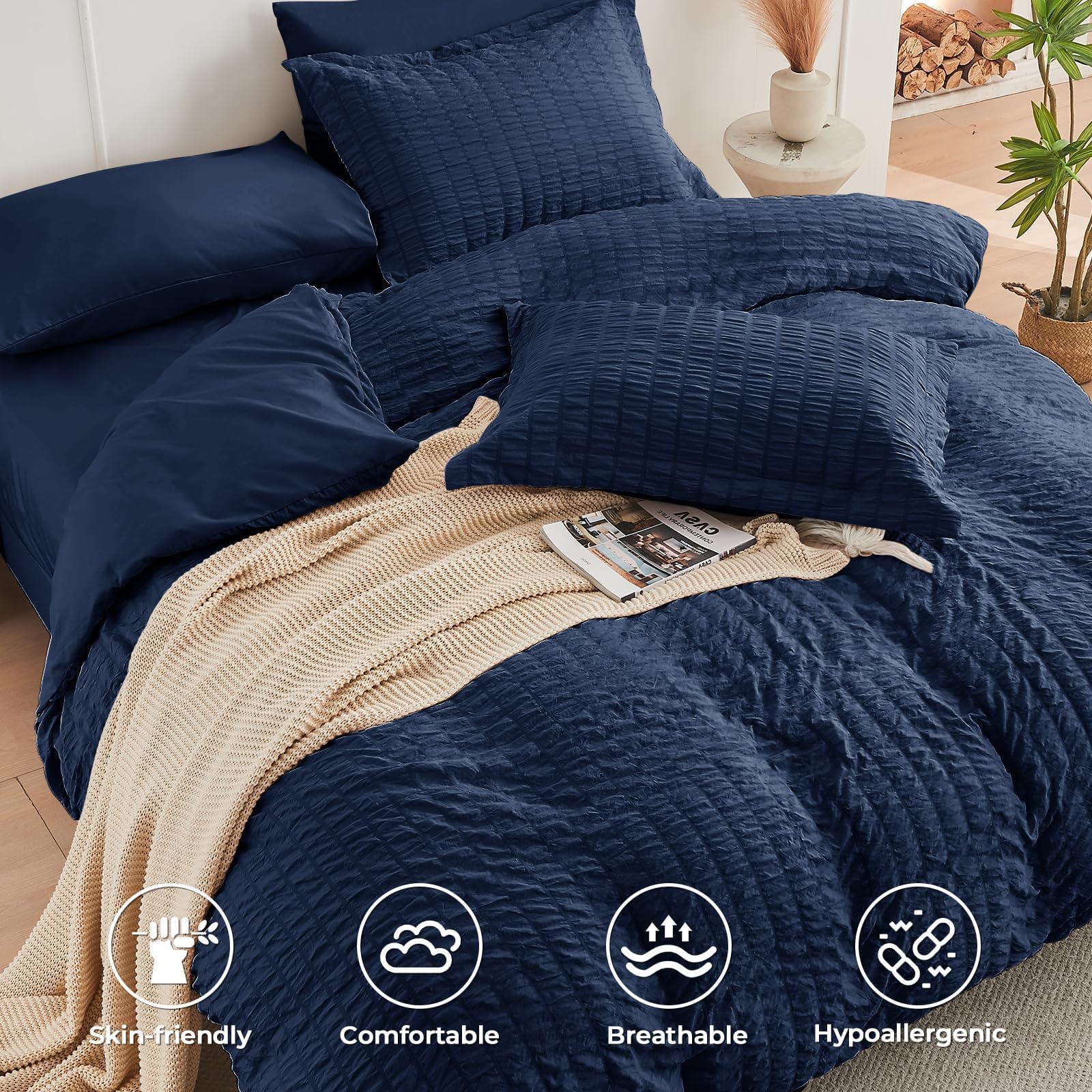 HYMOKEGE deep-pocket fitted sheet corner showing stretch for secure mattress fit