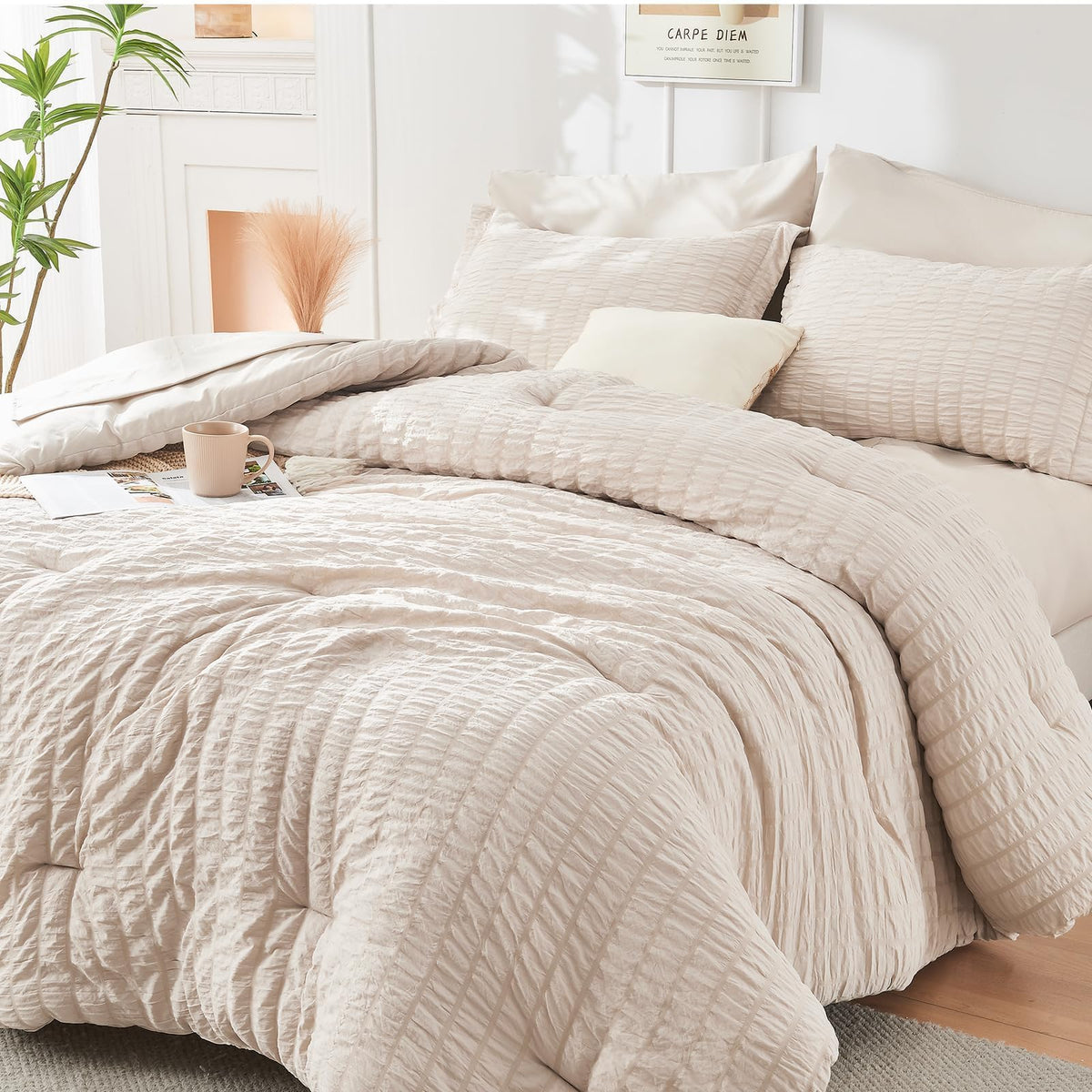 HYMOKEGE front view comforter on bed showing elegant beige finish and generous coverage