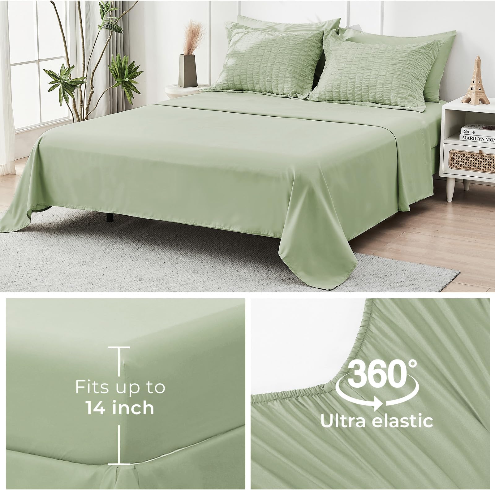 HYMOKEGE styled bedroom display in light green creating calm atmosphere