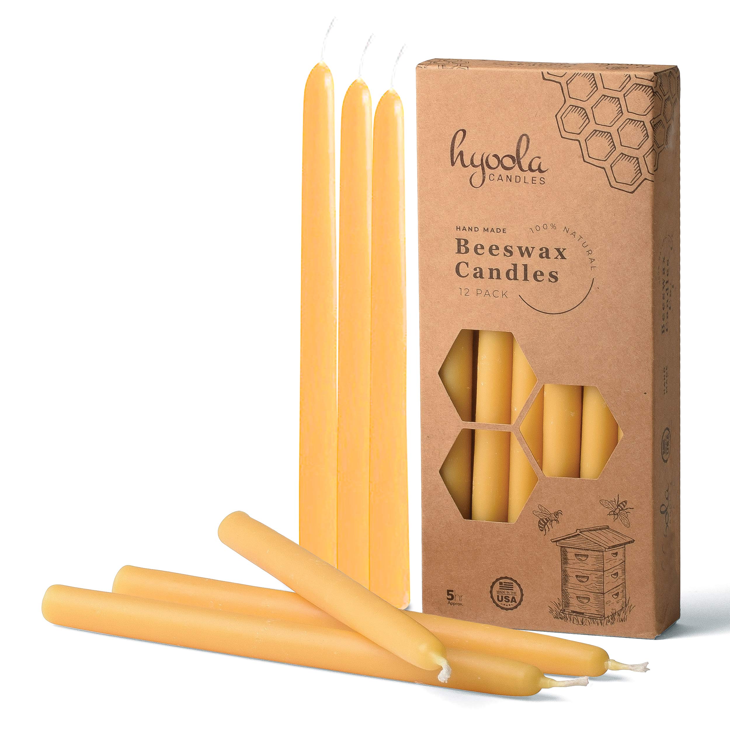 Hyoola front view of 12-pack beeswax tapers showing neat packaging and natural color benefit