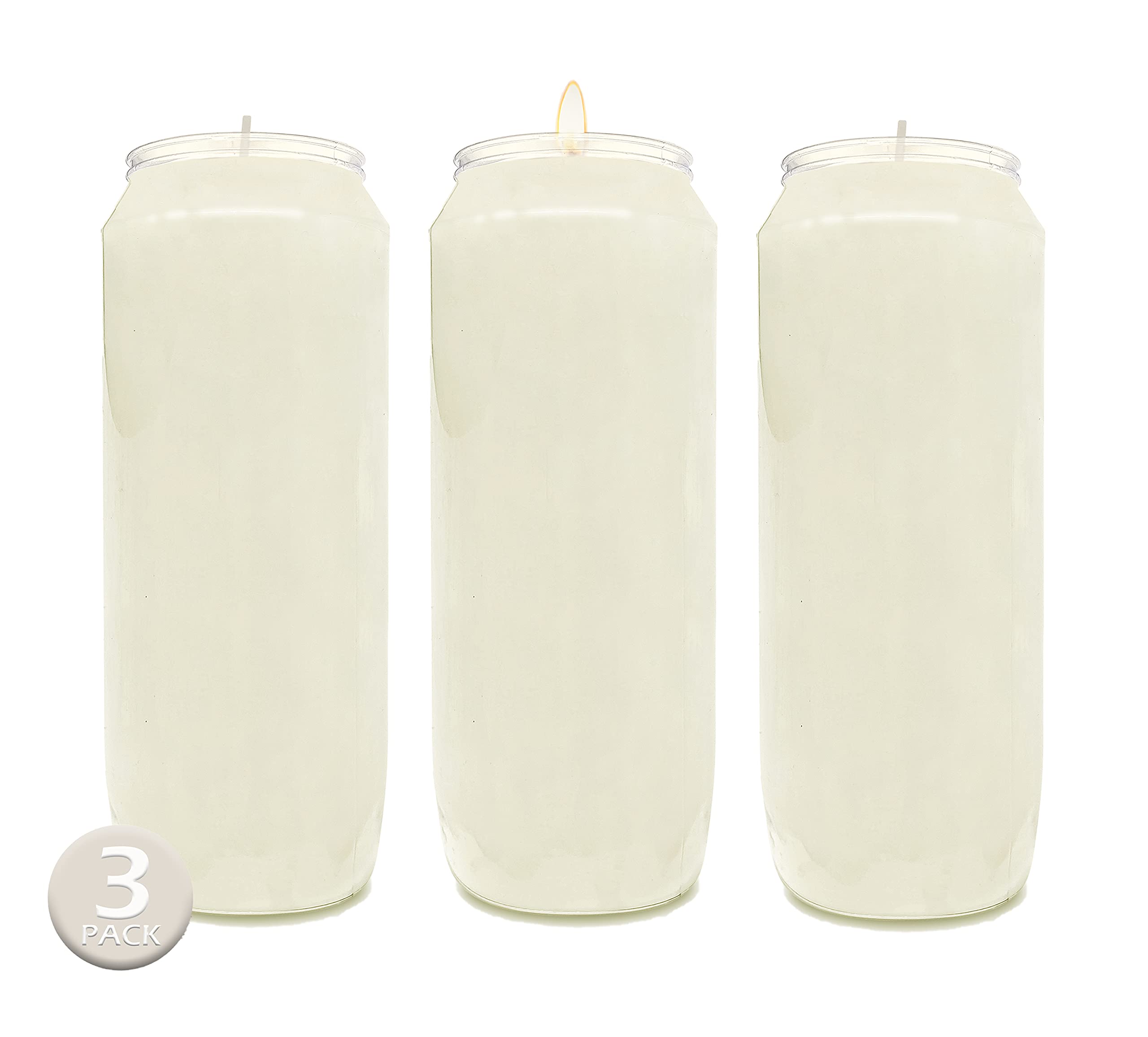 Hyoola front packaging showing three white 7-inch candles and clear jars, ideal for vigils