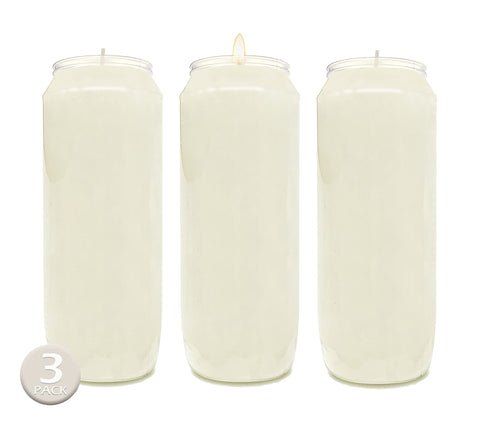 Hyoola front packaging showing three white 7-inch candles and clear jars, ideal for vigils