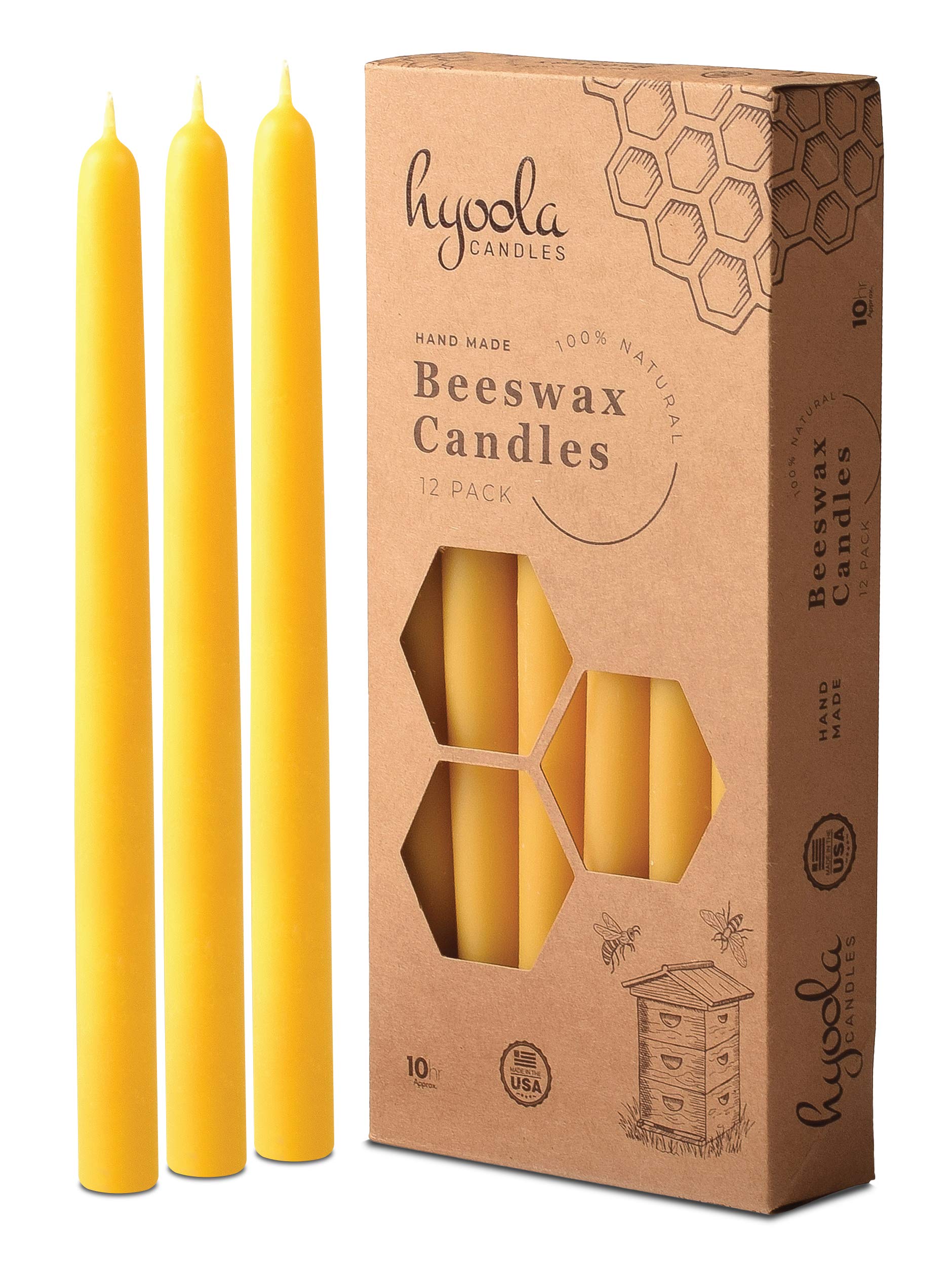 Hyoola front packaging showing 12 beeswax tapers and tidy bundle benefit