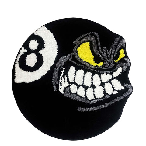HYPEECE front view of Angry 8 Ball rug showing bold graphic and compact size