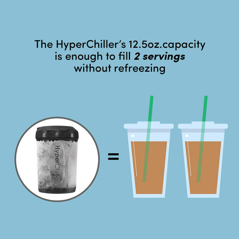 Lifestyle shot of HyperChiller HC3 with iced coffee showing ready-to-drink convenience