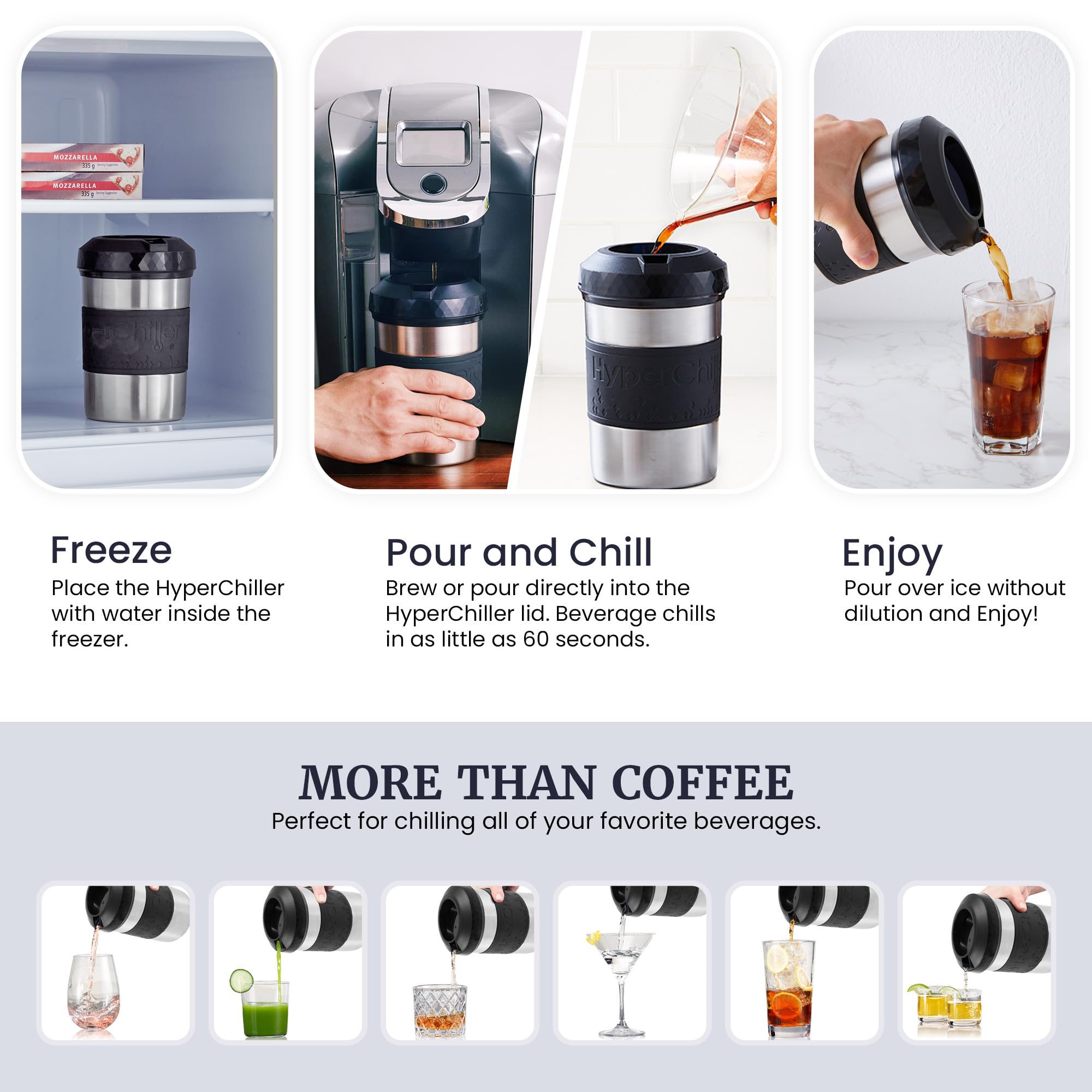 HyperChiller in use being swirled to chill hot coffee quickly without dilution