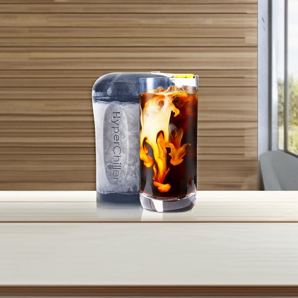 Pouring hot coffee into HyperChiller lid to chill quickly without dilution by HyperChiller