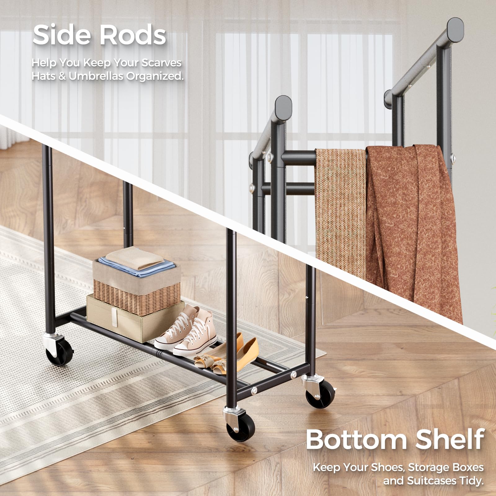 HYSEYY rack assembled in a bedroom demonstrating space-saving and tidy look benefit