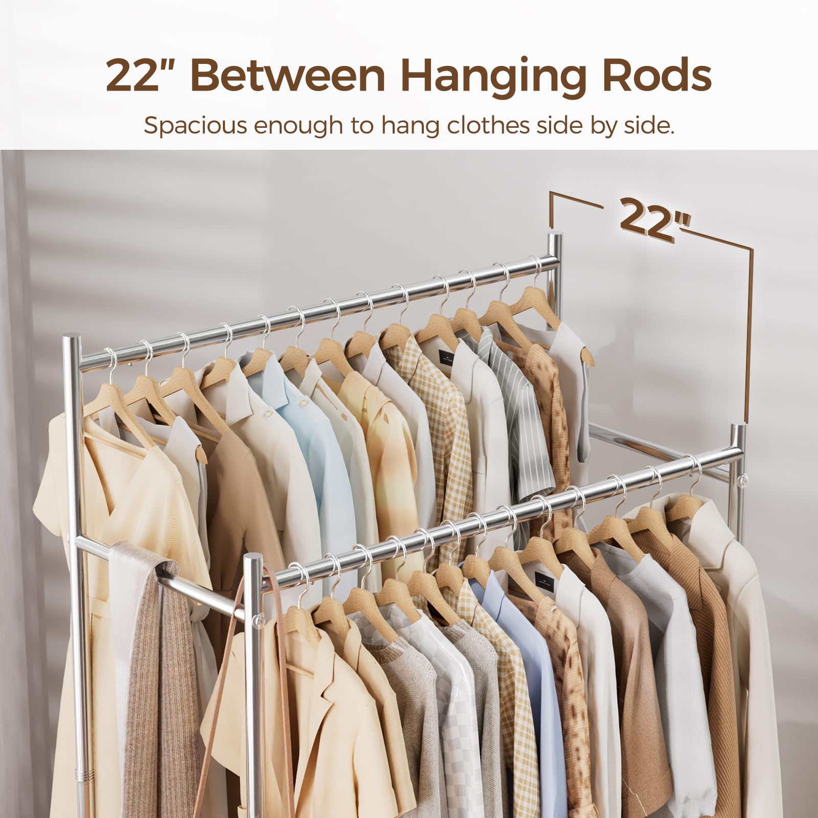HYSEYY close-up of one-piece hanging rod showing durable construction and no-sag benefit