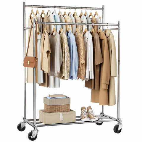 HYSEYY front view of silver double-rod rack showing large capacity and neat organization