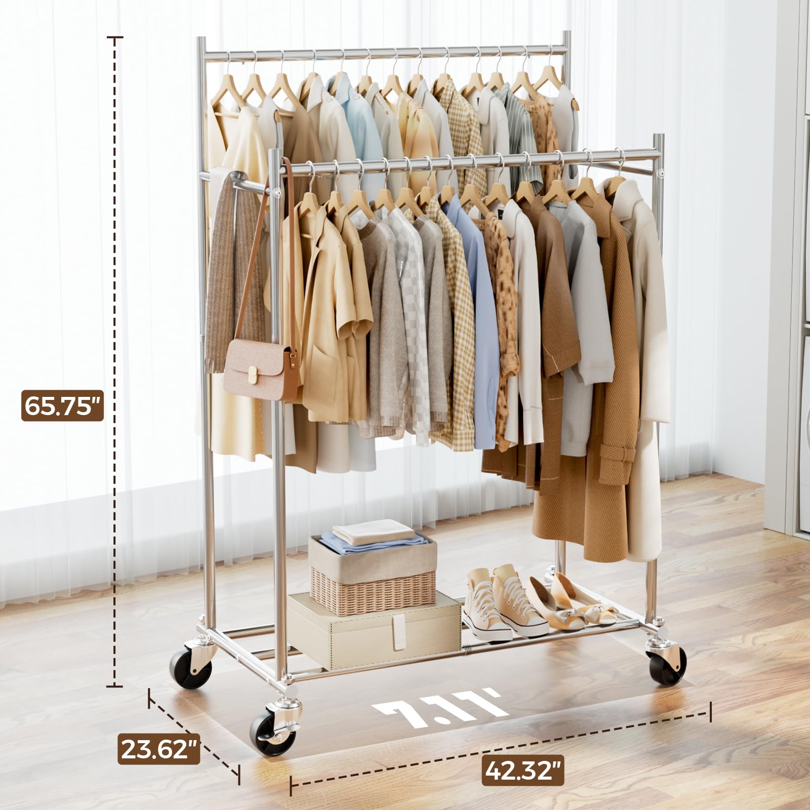 HYSEYY rack fully loaded with winter coats demonstrating heavy-load 400LB capacity