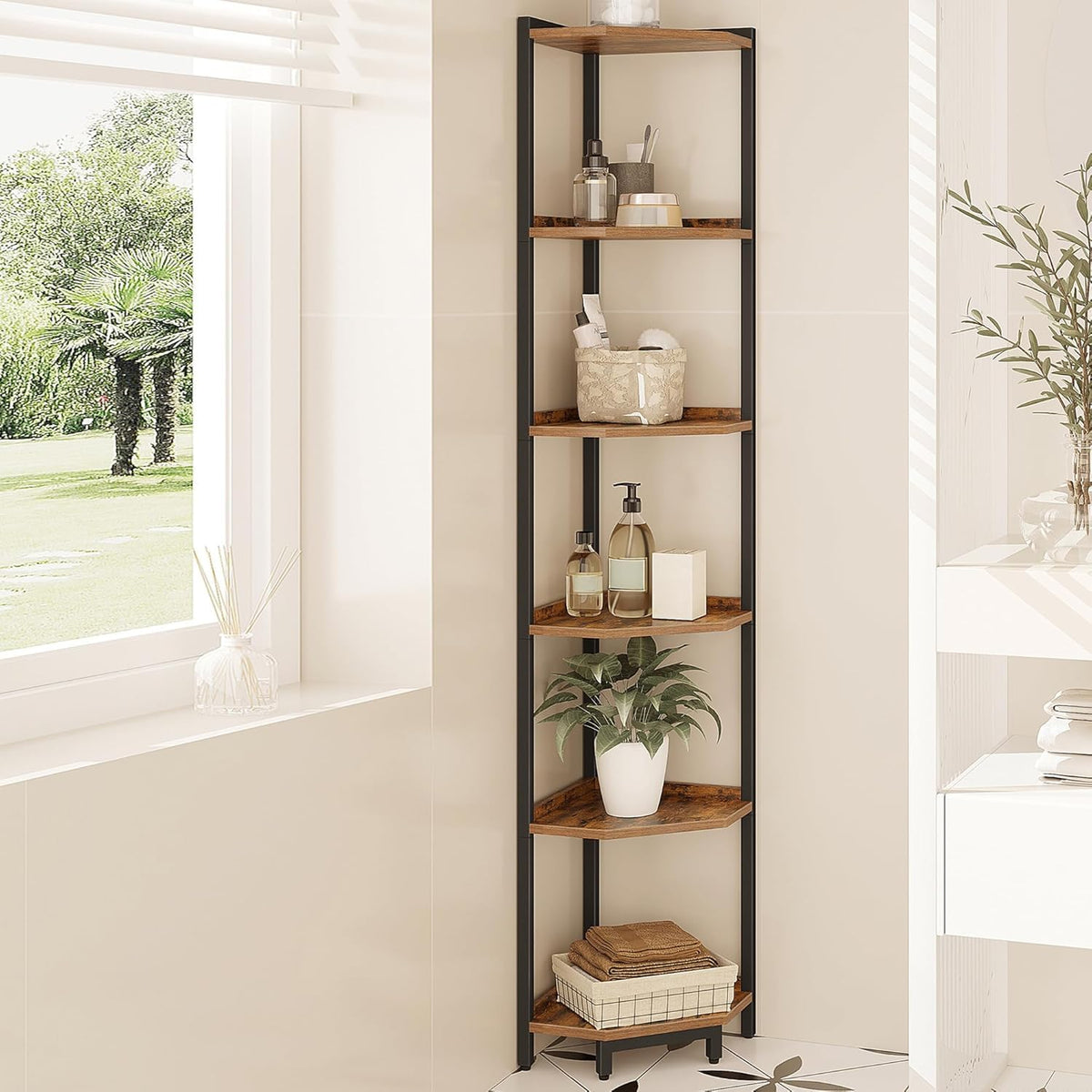Hzuaneri front view of six-tier corner shelf showing neat display benefit