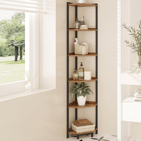 Hzuaneri front view of six-tier corner shelf showing neat display benefit
