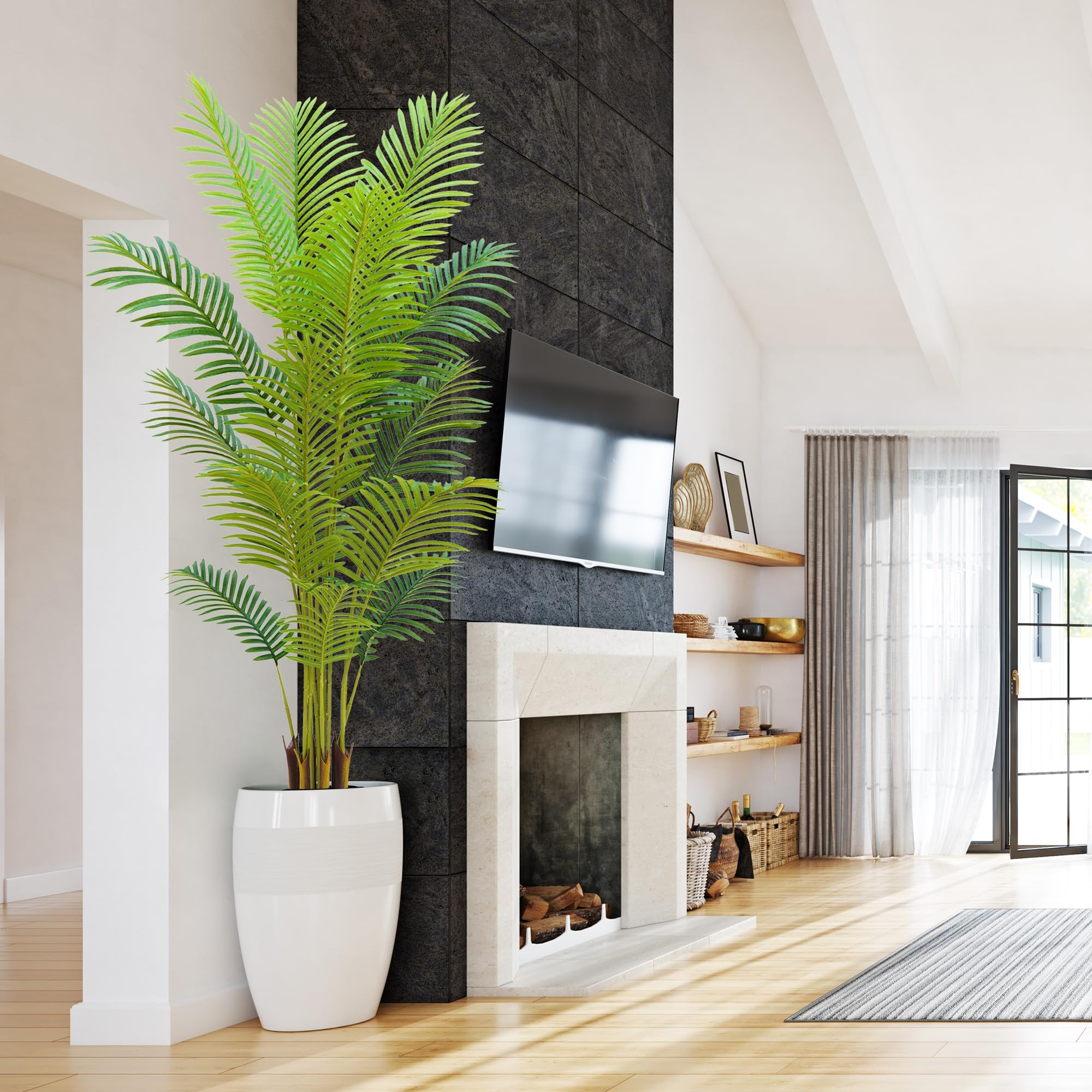 HZXGCP 6ft palm front view in white pot showing tropical décor benefit