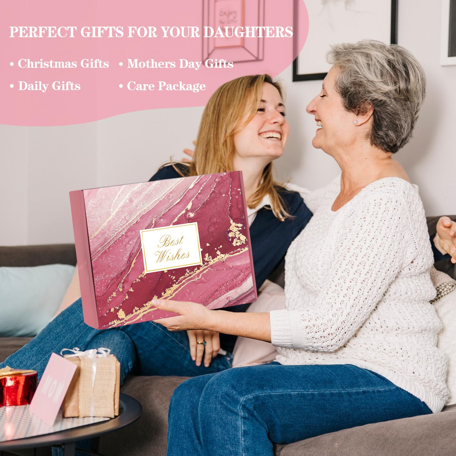 iAOVUEBY lifestyle scene of gift items on a bed for a warm, relaxing atmosphere