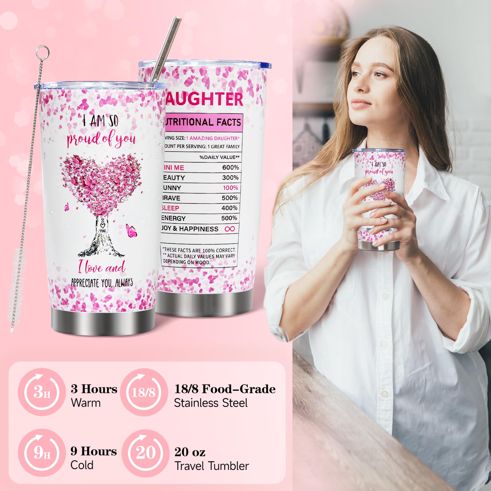 iAOVUEBY 20oz tumbler detail showing stainless steel finish and daughter personality design