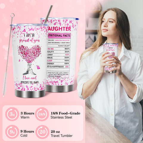 iAOVUEBY 20oz tumbler detail showing stainless steel finish and daughter personality design