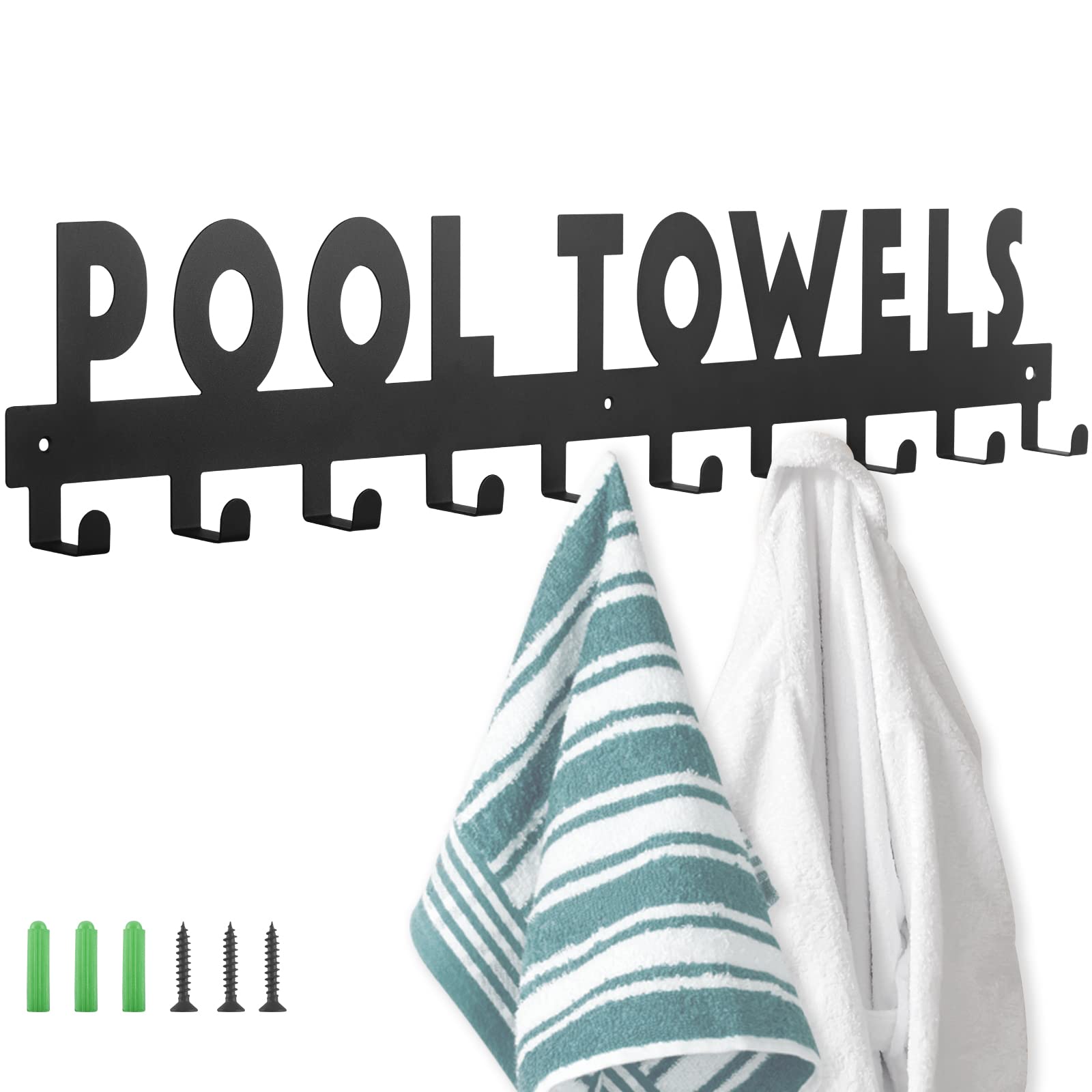 IBosins front view of 10-hook towel rack showing full 32-inch capacity and organization benefit