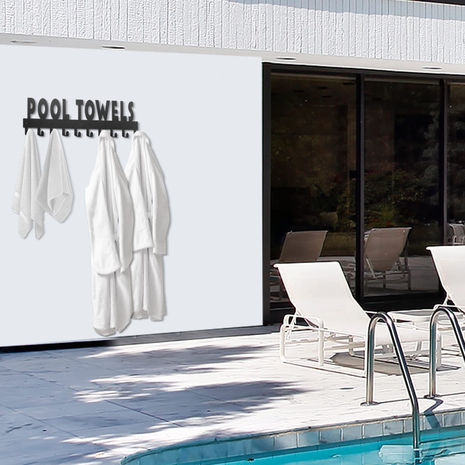 IBosins lifestyle shot poolside illustrating tidy towel storage and enhanced pool area aesthetics