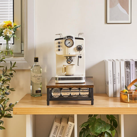 IBUYKE lifestyle kitchen counter with drawer and pods showing organized coffee station benefit