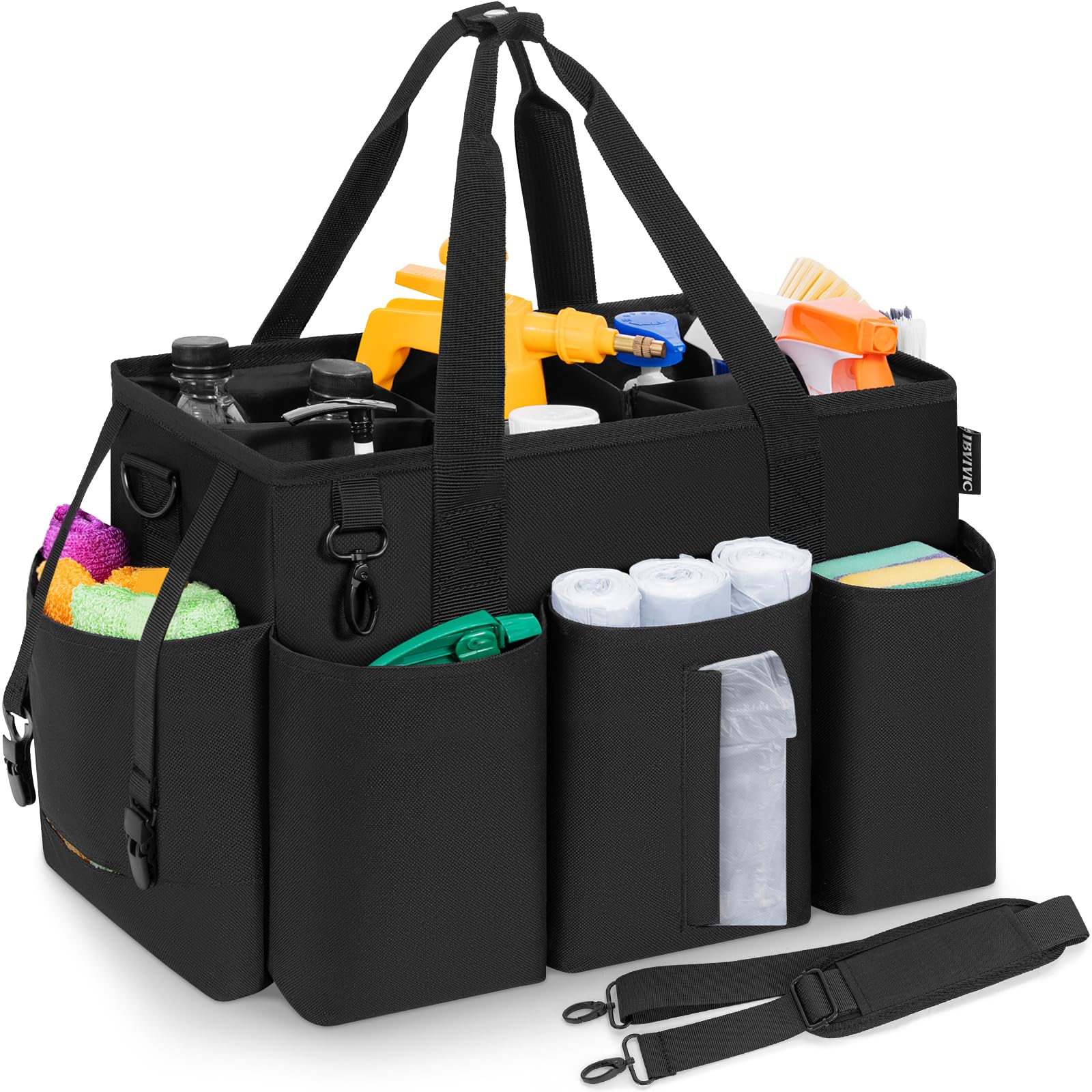 IBVIVIC front view of black cleaning caddy showing durable design and quick access pockets