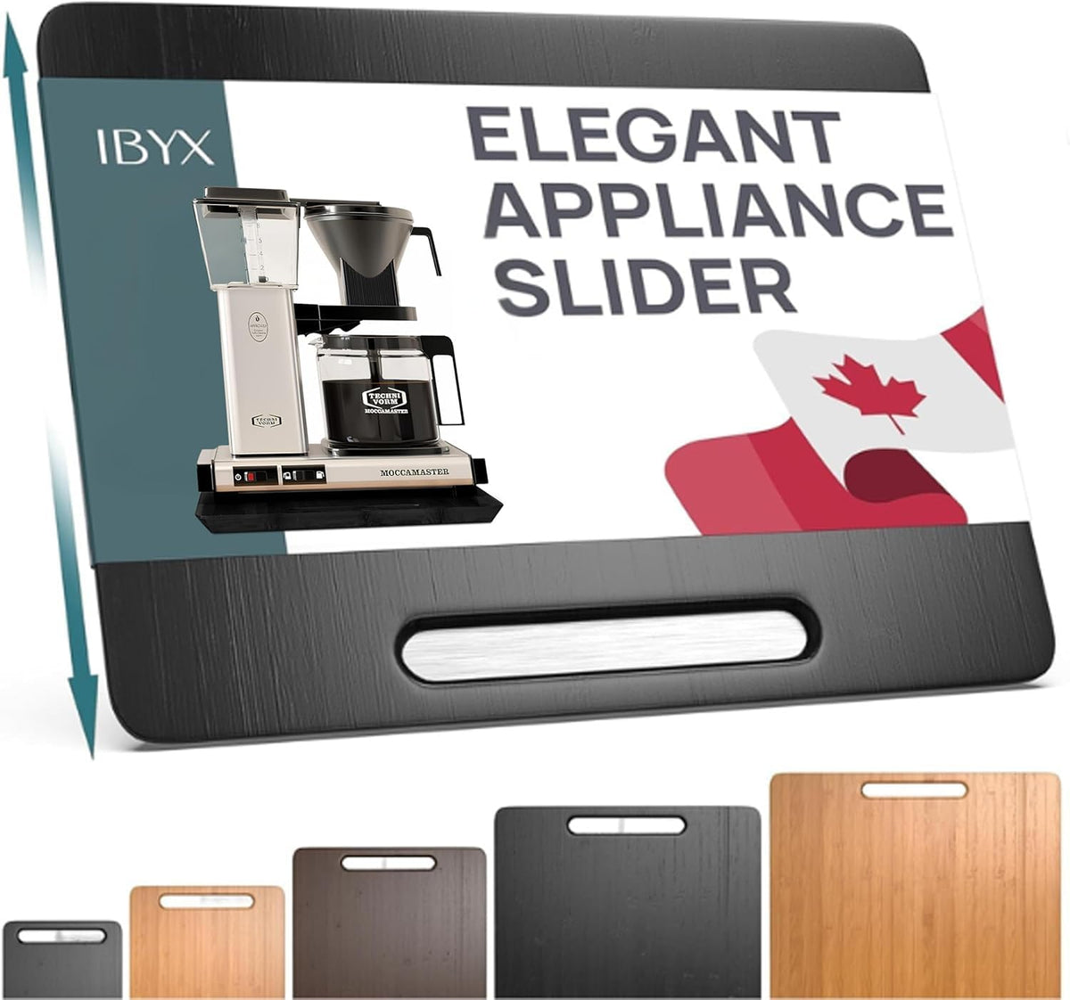 Ibyx front view of black appliance slider showing clean profile and easy access
