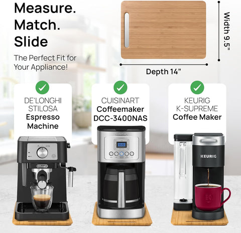 Ibyx tray next to coffee maker illustrating compact 9.5 x 14 inch fit