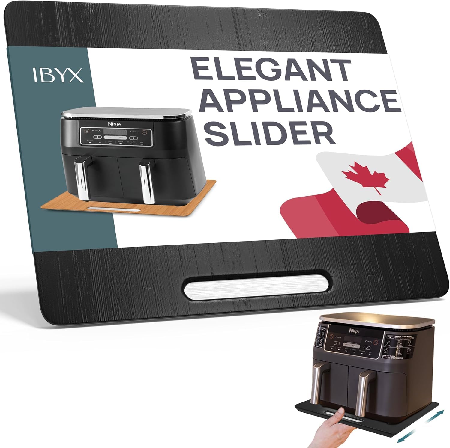 Ibyx slider front view showing black finish and slim profile for neat counters