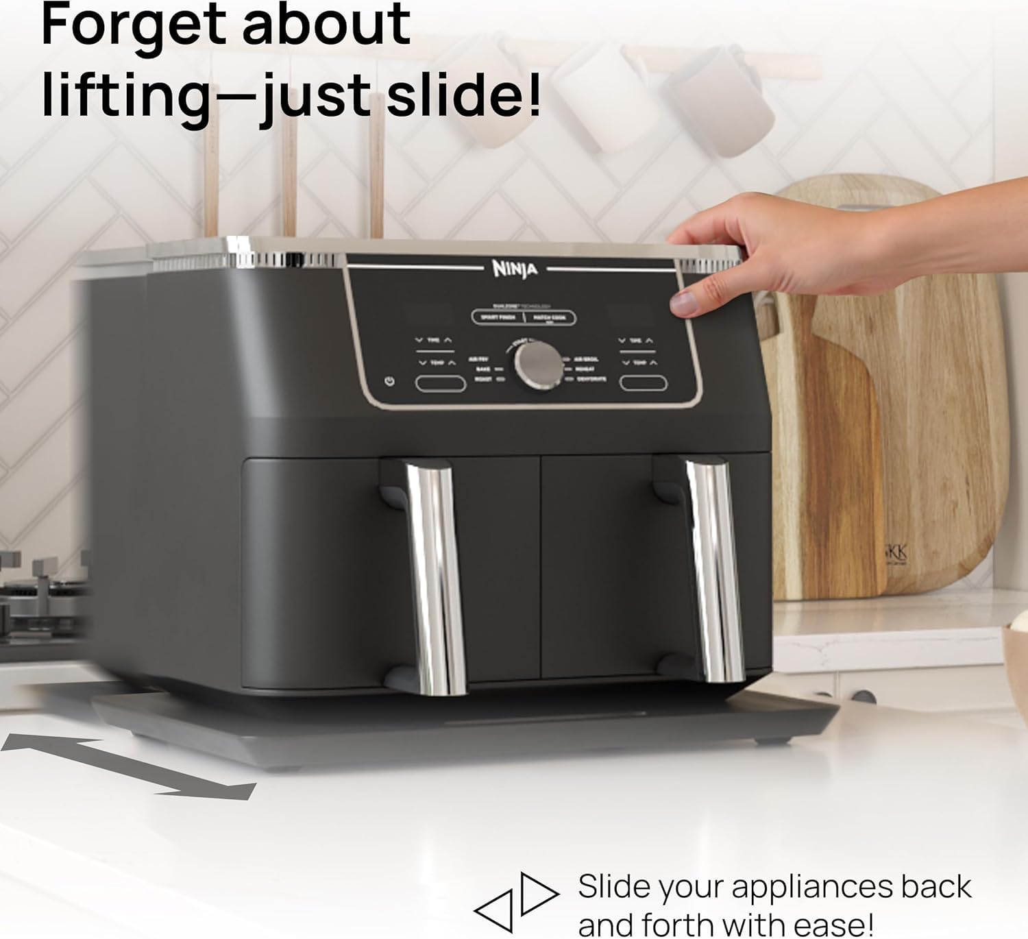 Ibyx slider wheel detail showing quiet glide and countertop protection
