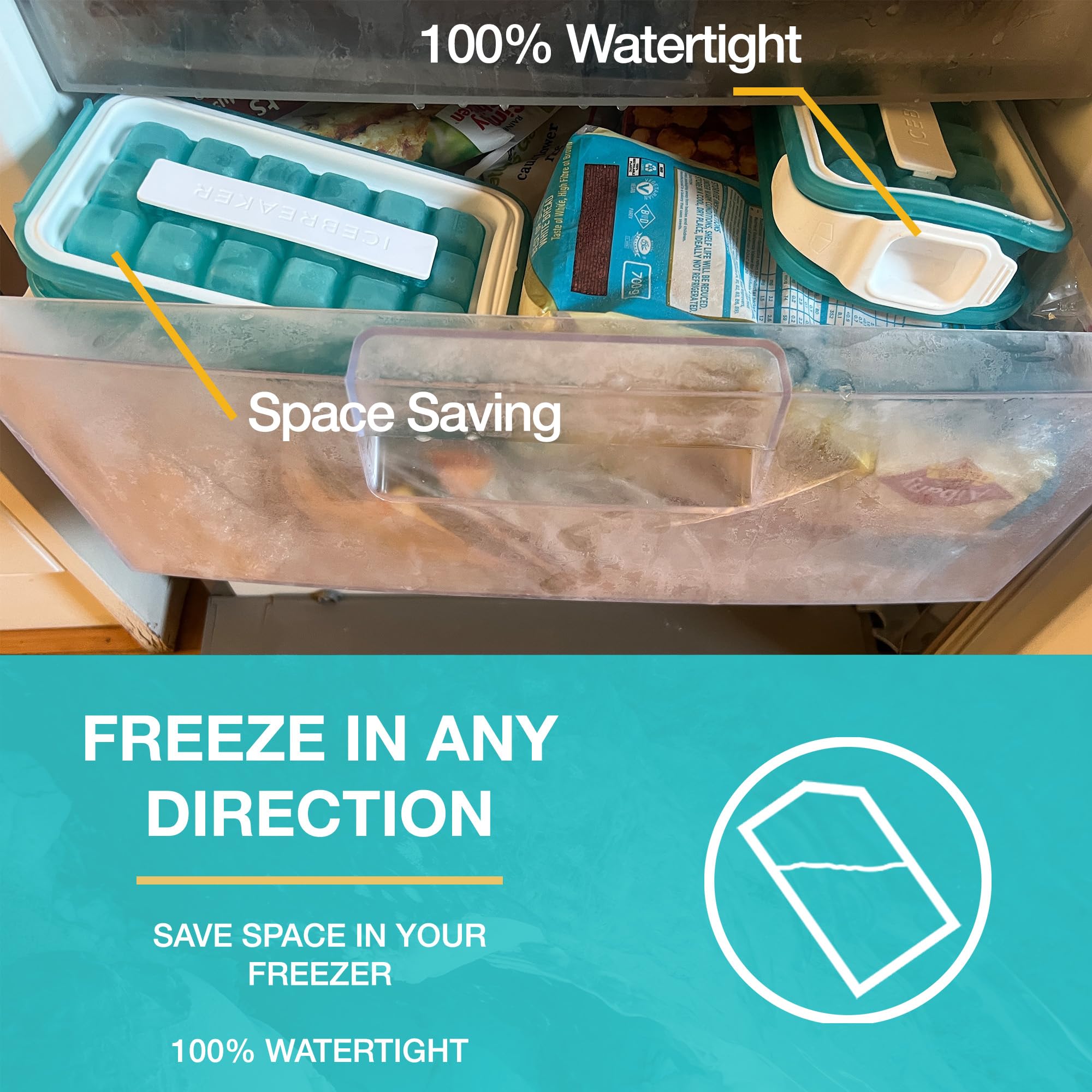 ICEBREAKER frozen tray used as ice pack in cooler, emphasizes leak-resistant transport
