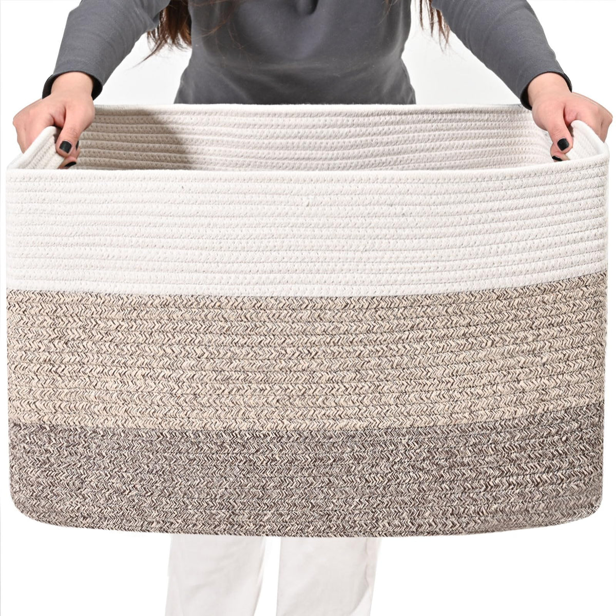 ICERZCZ front view of rectangular cotton rope storage basket showing capacity