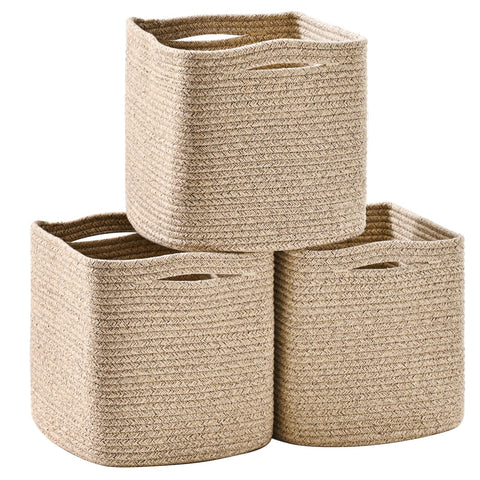 ICERZCZ front view of three mixed brown cube baskets showing neat storage and aesthetic appeal