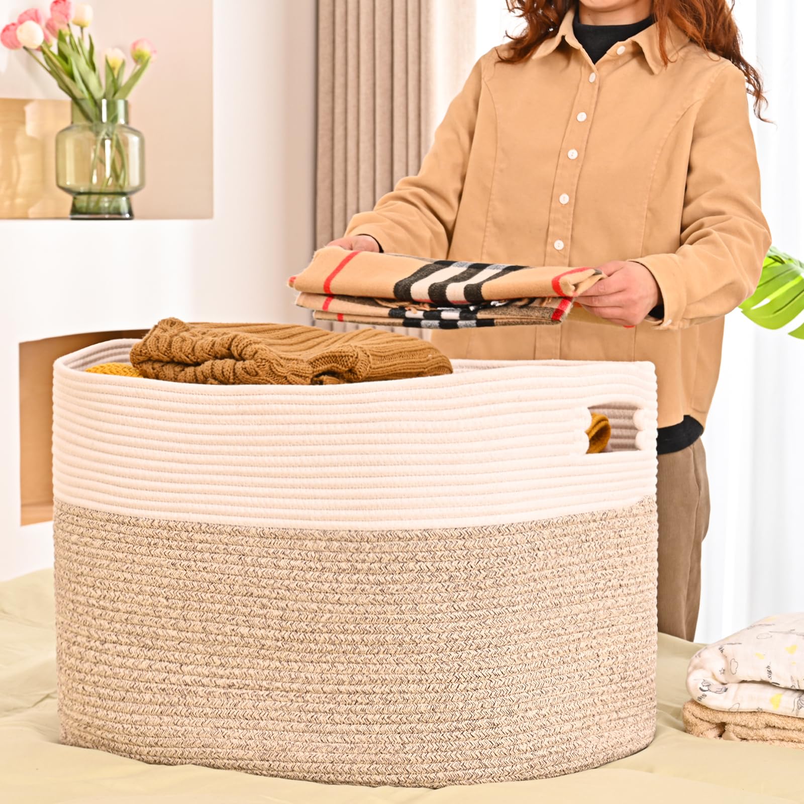 ICERZCZ front view of basket showing off white and brown decor benefit