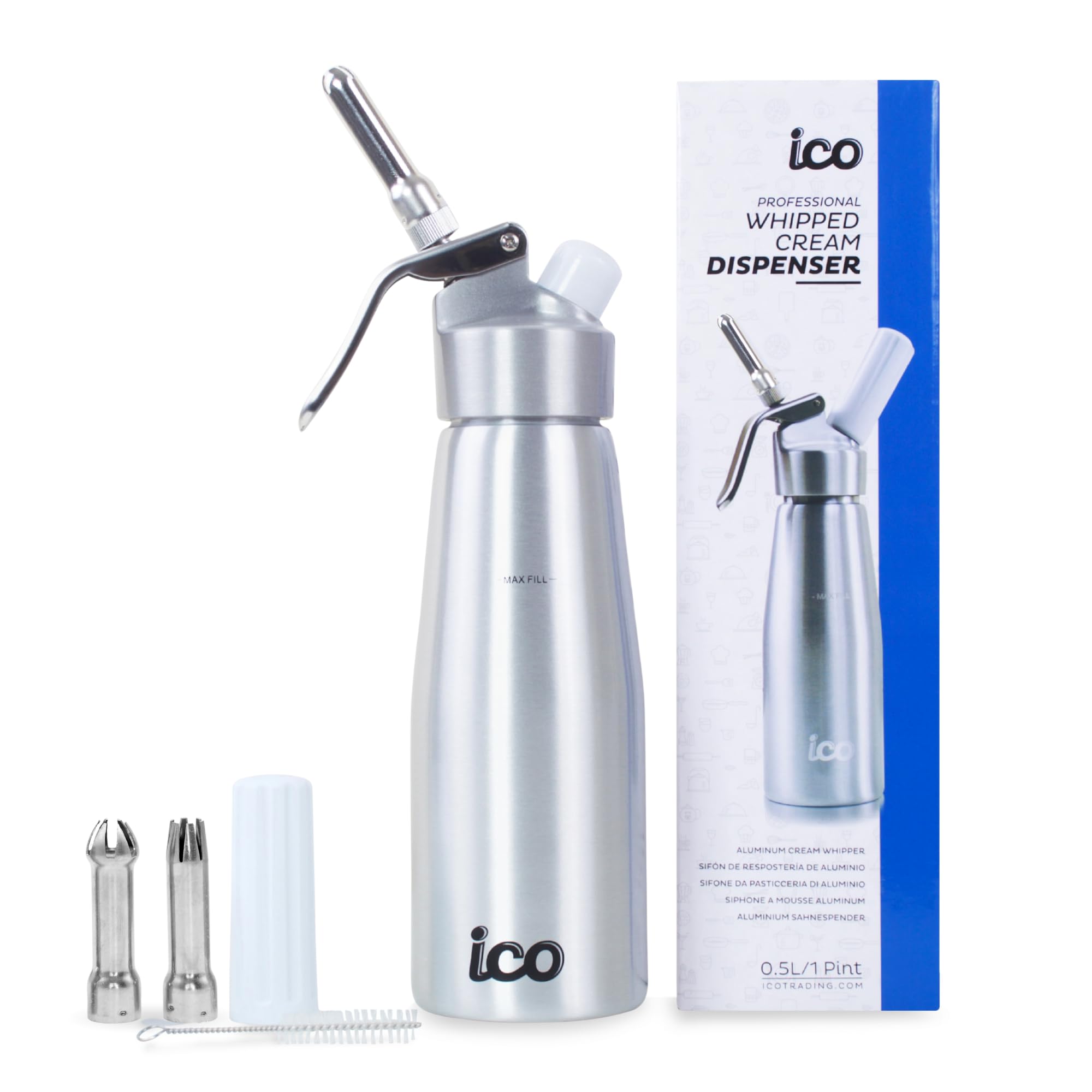 ICO dispenser front view showing brushed aluminum finish and durable build