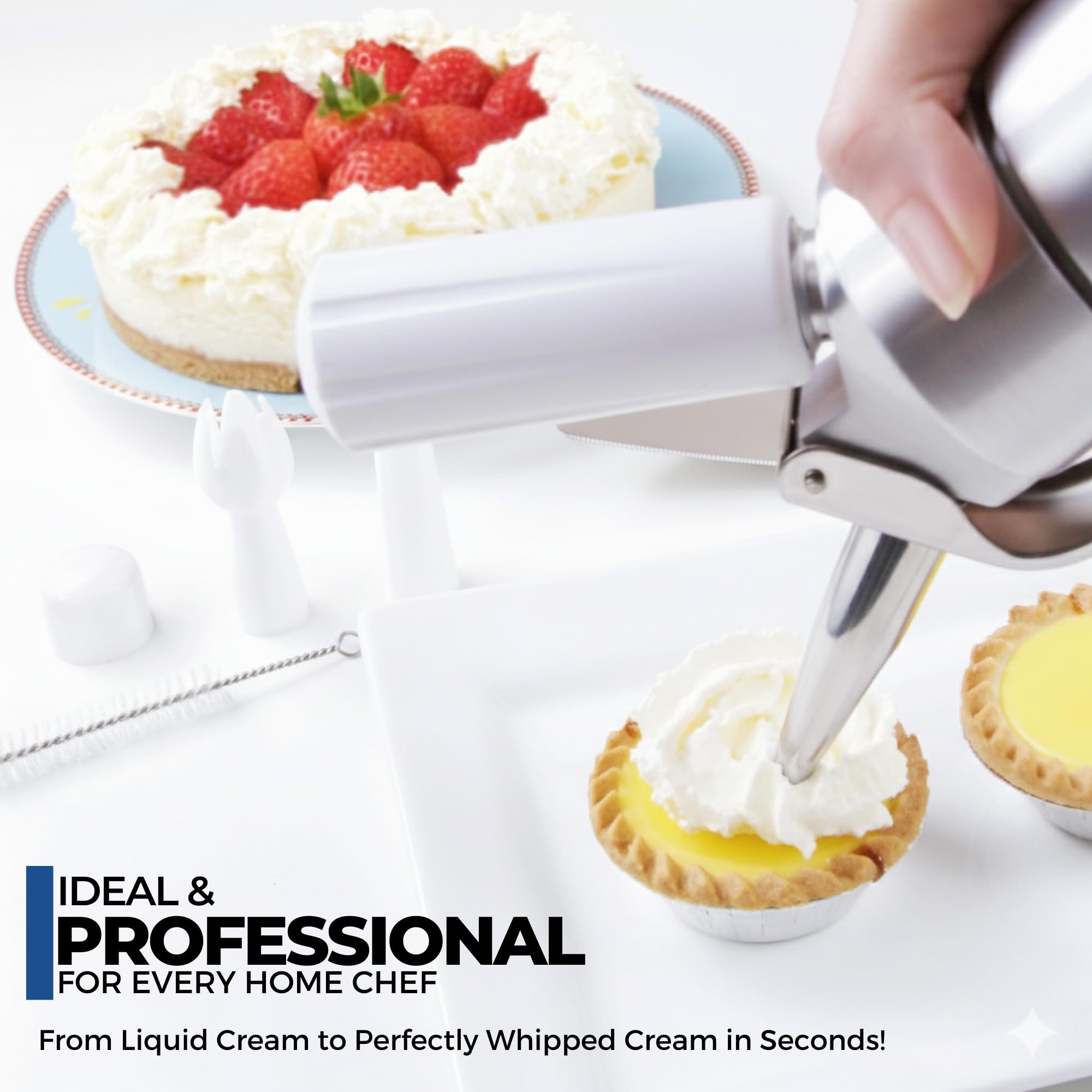 ICO dispenser in use topping a dessert for fast, consistent decoration