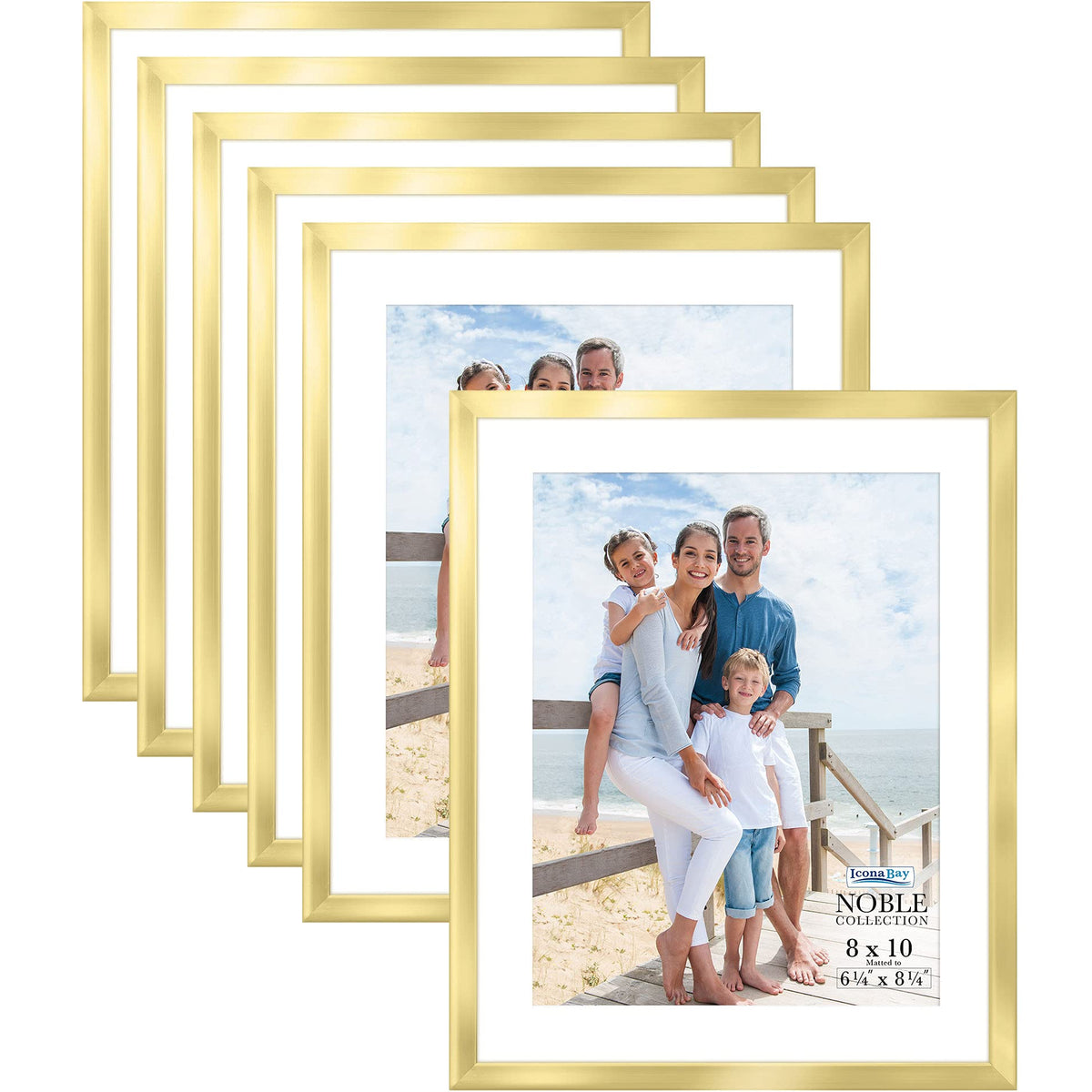 Icona Bay front view of six brushed gold frames showing neat packaging and protection