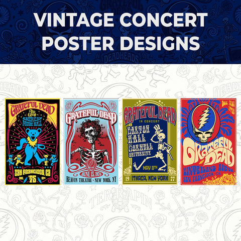 ICUP four glasses lined up showing varied Grateful Dead prints for display and serving