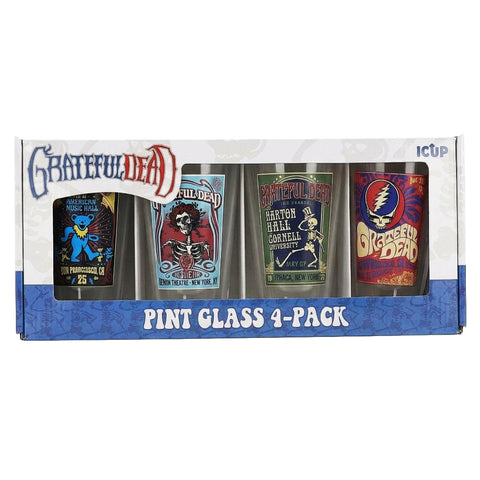 ICUP pint glass front packaging showing four collectible Grateful Dead designs and gift-ready appeal