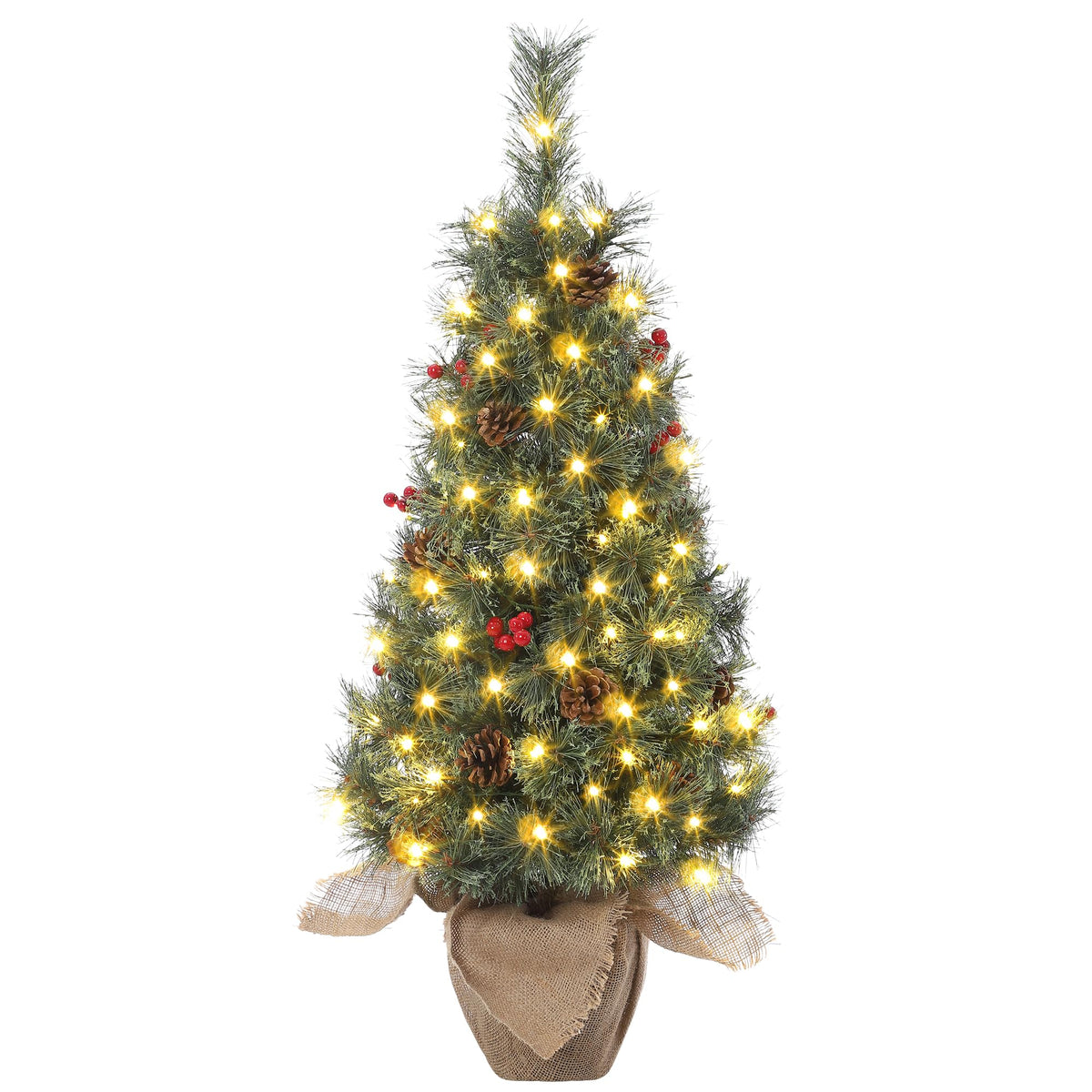 IDEALHOUSE front view of 36-inch mini tree showing full decoration and warm lights