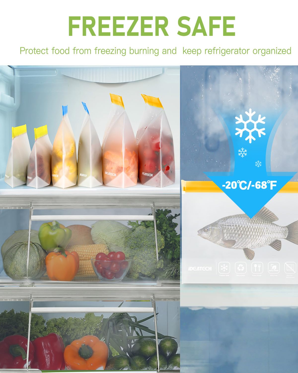 IDEATECH size comparison showing gallon, quart, snack for versatile portioning benefit