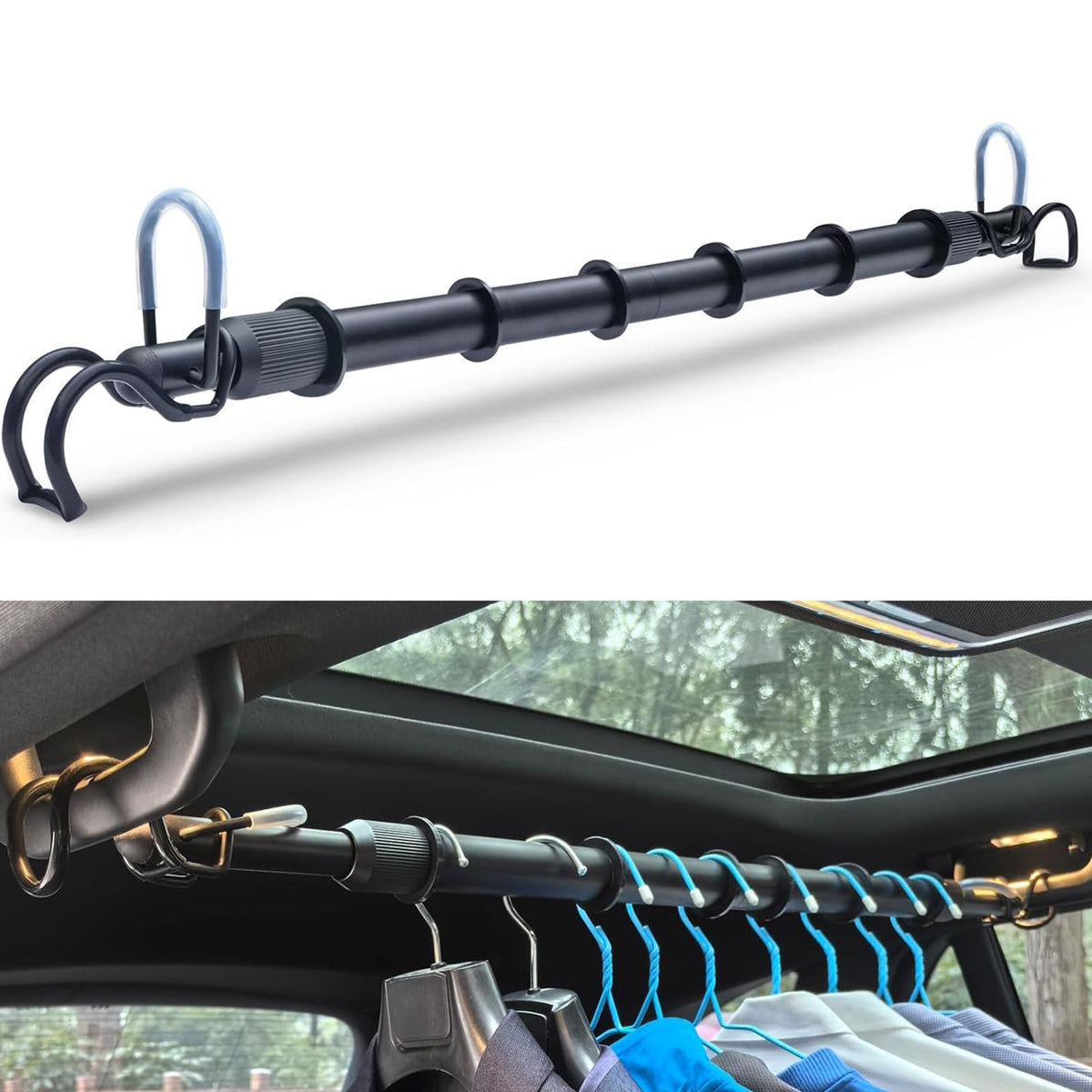 Idefair front view of installed rod fitting across vehicle for tidy clothes