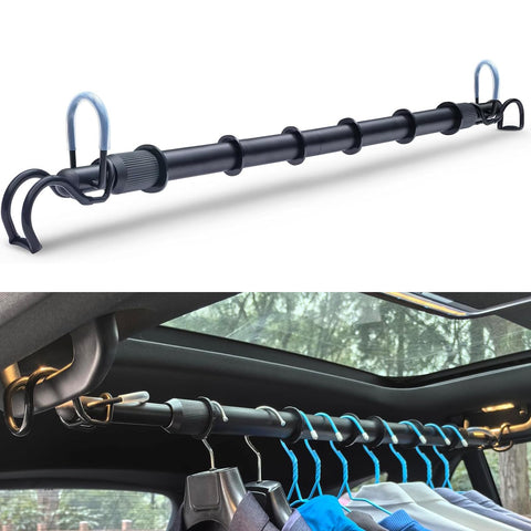 Idefair front view of installed rod fitting across vehicle for tidy clothes