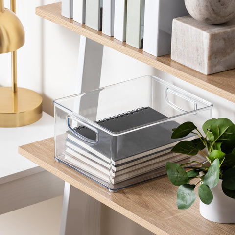 iDesign holding bathroom supplies for streamlined countertop organization benefit